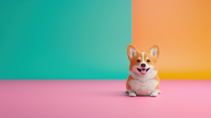 Poster - A joyful corgi stands on stage, illuminated by vibrant lights, capturing the essence of happiness in a lively 3D rendering.