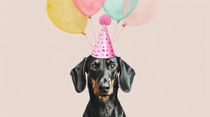 Poster - A cute dachshund dons a festive cap, holding a heartshaped balloon. A cheerful watercolor illustration perfect for celebration.