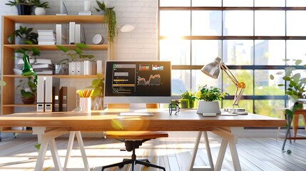 Sticker - Modern Office Workspace with Sunlight and Plants.