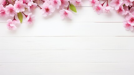 Wall Mural - Spring cherry blossom background with wooden board