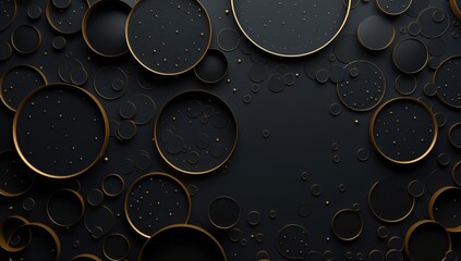 Wall Mural - A black background with gold circles on it. The circles are of different sizes and are scattered all over the background. The image has a sense of depth and dimension