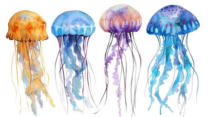 watercolor illustration set of jellyfish on an isolated white background