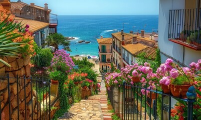 Discover the beauty of a Spanish coastal town, featuring charming flower fences and a serene ocean vista, in stunning 4K UHD detail.