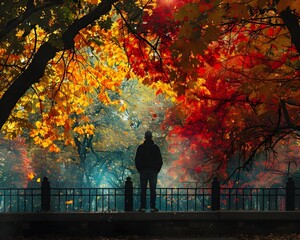 Poster - Solitary Silhouette Amid Vibrant Autumn Foliage in Urban Park