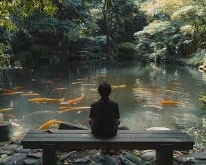 Sticker - Slender individual sitting on a bench in a peaceful Zen garden surrounded by bamboo and koi ponds