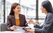 © David - Banking business, finance and investment concept. Business asian women analyzing market data, financial graph report, economic growth, business strategy, planning and solution, risk management