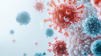 3D illustration of virus particles, showcasing intricate details and colors that represent a microscopic view of pathogens.