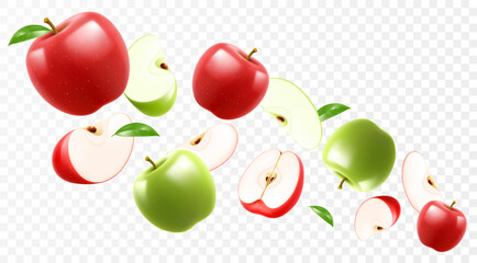 Wall Mural - flying red and green juicy apples. bright background falling apples, realistic illustration with blu
