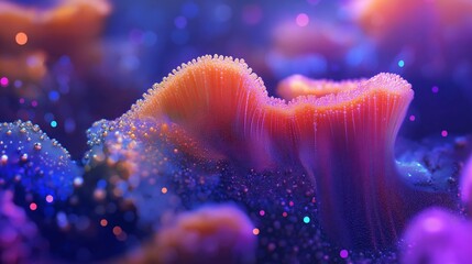 Poster - A colorful coral reef with a purple and blue background. The coral is made up of many small pieces of different colors