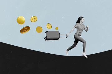 Canvas Print - Trend artwork composite sketch image photo collage of workspace young rich lady run hand hold baggage travel loss big golden usd coins