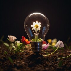 a light bulb with a flower inside sitting on the ground