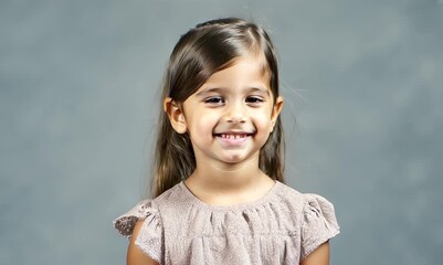 Canvas Print - Portrait of a cute little girl with long hair on gray background