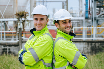 Portrait oil and gas refinery engineer people worker standing happy smile, Smart expert teamwork together in petroleum industry.