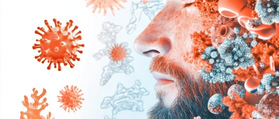 Close-up of a man's face with virus particles, representing health, infection, and microbiology in a creative visualization.