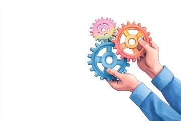 Wall Mural - Colorful gears held in hands represent teamwork, innovation, and mechanical engineering in a creative design.