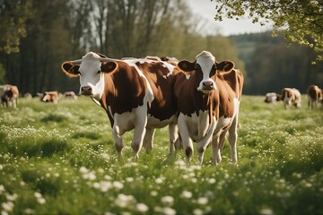 Wall Mural - cows spring cow animal farm grass field cattle brown agriculture meadow pasture green nature beef calf farming rural milk white grazing summer bull mammal sky