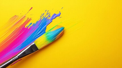 Wall Mural - A paintbrush with a rainbow of colors on a yellow background. The brush is in the middle of a splatter of paint, and the colors are spread out in a rainbow pattern. Scene is bright and cheerful