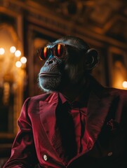 Poster - A monkey in a red suit and sunglasses. AI.