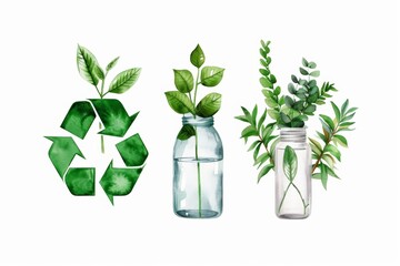 Wall Mural - A watercolor concept featuring recycling symbols and green energy elements, illustrating the theme of environmental sustainability with vibrant and eco-friendly visuals.