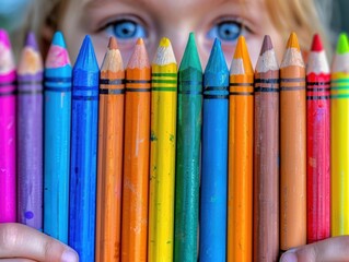 Wall Mural - A child's eye peeks over a row of colorful pencils. AI.