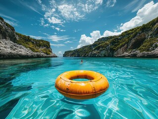 Poster - A yellow inflatable ring floats in clear blue water between rocky cliffs. AI.