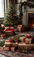 Wall Mural - Wrapped gifts sit under a decorated Christmas tree. AI.