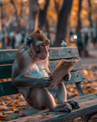 Poster - A monkey sits on a bench reading a newspaper. AI.