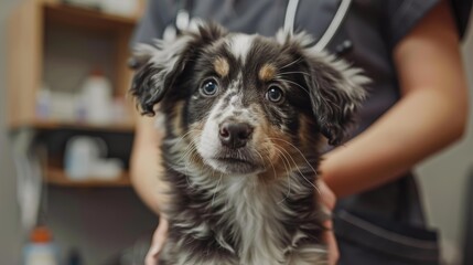 Wall Mural - A puppy looks up at the camera with big, curious eyes. AI.