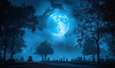 Canvas Print - A full moon hangs over a cemetery, casting a blue glow on the tombstones and trees. AI.