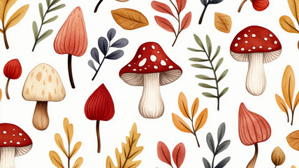 Canvas Print - Closeup of a whimsical watercolor autumn pattern with mushrooms, leaves, and twigs on a light background 