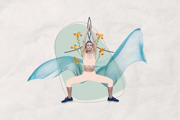 Sticker - Composite sketch image trend artwork photo collage of young lady stretching pilates yoga keep balance transparent tissue outdoors nature