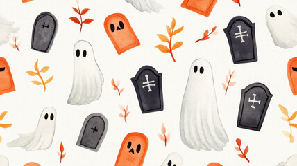 Sticker - Overhead view of a spooky watercolor pattern with ghosts, gravestones, and full moons on a light grey background 