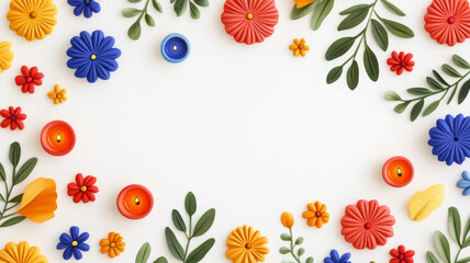 Poster - Overhead view of a vibrant watercolor pattern with Diwali lamps, fireworks, and floral elements in rich hues on a white background 