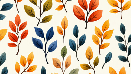 Sticker - Overhead view of a watercolor design with colorful autumn leaves and branches on a soft beige background 