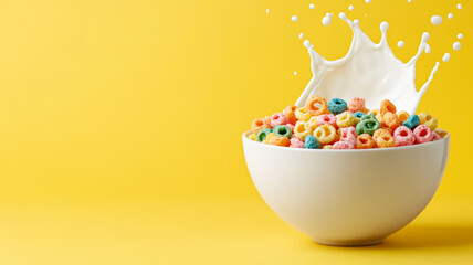 Wall Mural - overhead view of colorful cereal with milk splashing in a white bowl on a bright yellow background