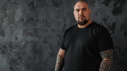 Canvas Print - Fat male model poses confidently in a blank black t-shirt against a textured backdrop