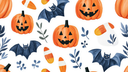 Poster - Wide angle of a colorful watercolor Halloween design with jack-o'-lanterns, bats, and candy corn on a white background 