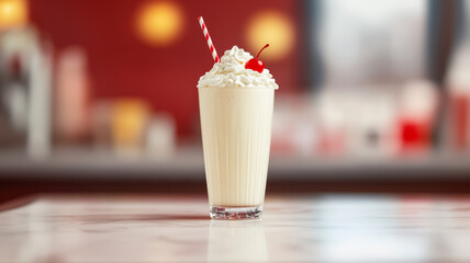 Poster - Wide angle of a creamy vanilla milkshake topped with whipped cream and a cherry in a classic diner setting 