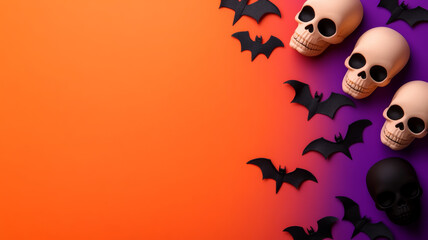 Sticker - Wide angle of a dark purple to orange gradient background with soft skull and bat designs, perfect for Halloween 