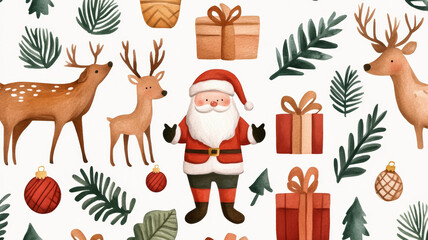 Sticker - Wide angle of a seamless watercolor Christmas design featuring Santa Claus, reindeer, and gifts on a white background 