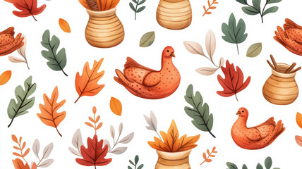 Poster - Wide angle of a watercolor Thanksgiving pattern with roasted turkeys, cornucopias, and autumn leaves in warm colors on a white background 