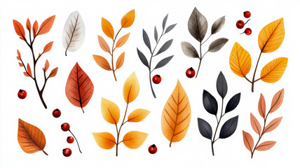 Sticker - Wide angle of a watercolor autumn design featuring scattered leaves, berries, and twigs in warm hues on a light background 