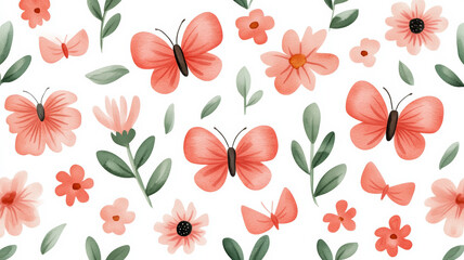 Poster - Wide angle of a watercolor pattern featuring pink ribbons, butterflies, and flowers in soft pink tones on a light background 