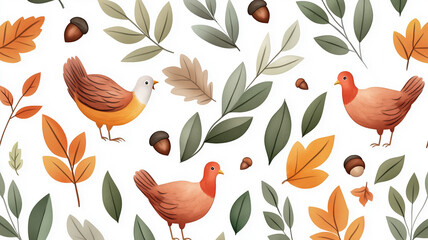 Poster - Wide angle of a watercolor pattern featuring turkeys, fall leaves, and acorns in rich, earthy colors on a light background 