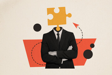 Wall Mural - Composite collage image of funny businessman puzzle instead head solve problem working process billboard comics zine minimal