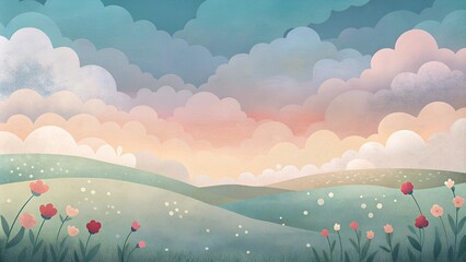 Wall Mural - Minimalist Pastel Field with Clouds and Flowers. Perfect for: Minimalist Art, Pastel Designs, Soft Backgrounds