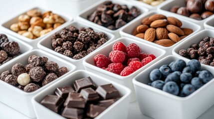 Overhead close-up of white containers containing various sized dark chocolate-covered fruits and nuts on a white background. Inside, enticing energy-boosting treats