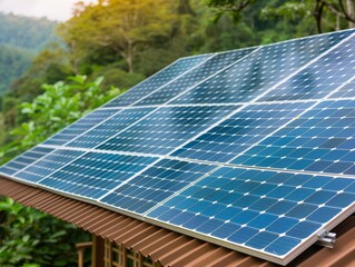 sustainable energy, solar panel installation on a rustic roof with lush green forest background - renewable energy, clean power, eco-friendly technolo