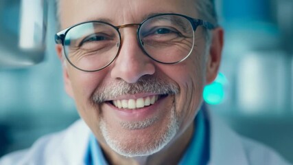 Wall Mural - A smiling senior scientist works diligently in a well-lit lab filled with equipment, demonstrating his dedication and expertise in research.