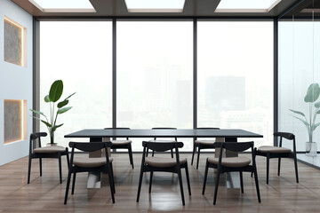 Wall Mural - Light conference room interior with panoramic windows and city view. 3D Rendering.